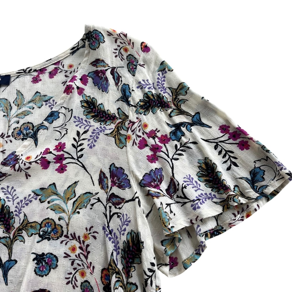 ONE Clothing LA Women's XS Cream Pink Floral Tie Front Short Sleeves Crop Blouse - Picture 5 of 16
